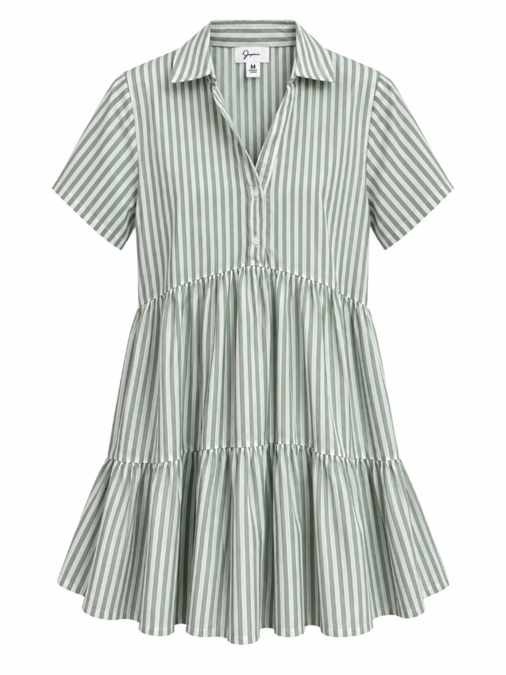 Japna Sage Green White Striped Collared Button Front Tiered Mini Dress | Medium